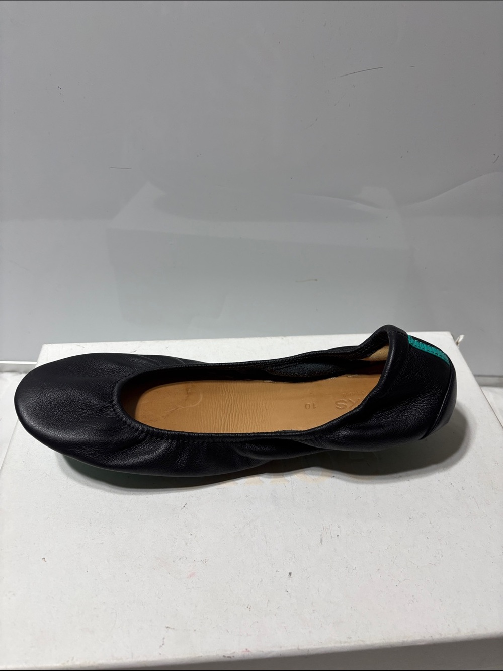 Tieks Black Leather Ballet Flats with Teal Heel Tab - Picture 7 of 7